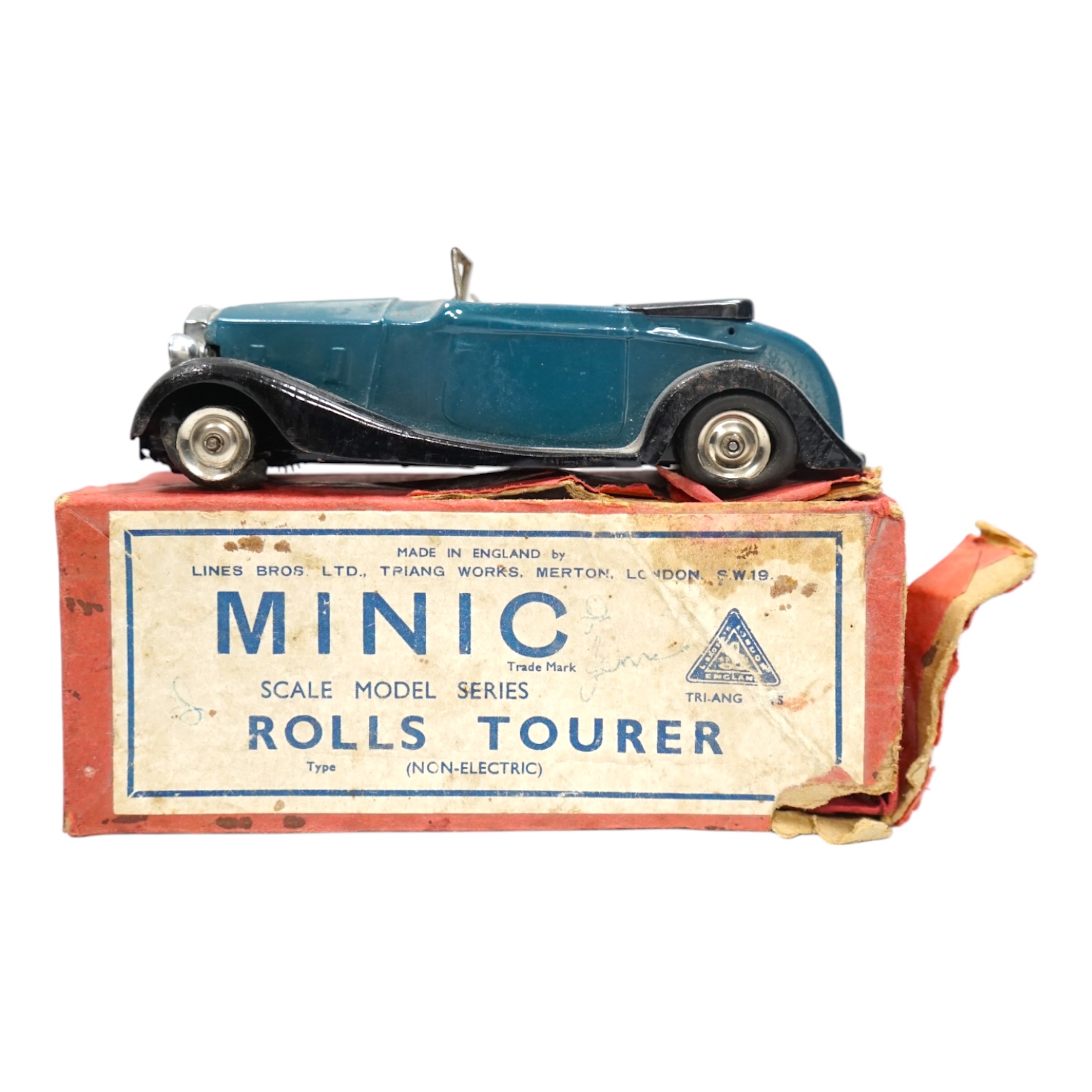 A Tri-ang Minic clockwork tinplate Rolls Royce Tourer, with aqua blue body, and black running boards, with its original box. Condition - fair, fatigue and missing parts to original tyres as would be expected, significant